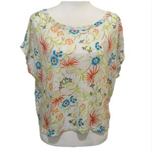 Joie Womens Floral Tropical Cropped Cap Sleeve Linen Top Size Large Scoop Neck